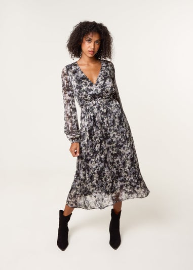 Blue Vanilla Black Printed Lurex Buckle Belted Midi Dress