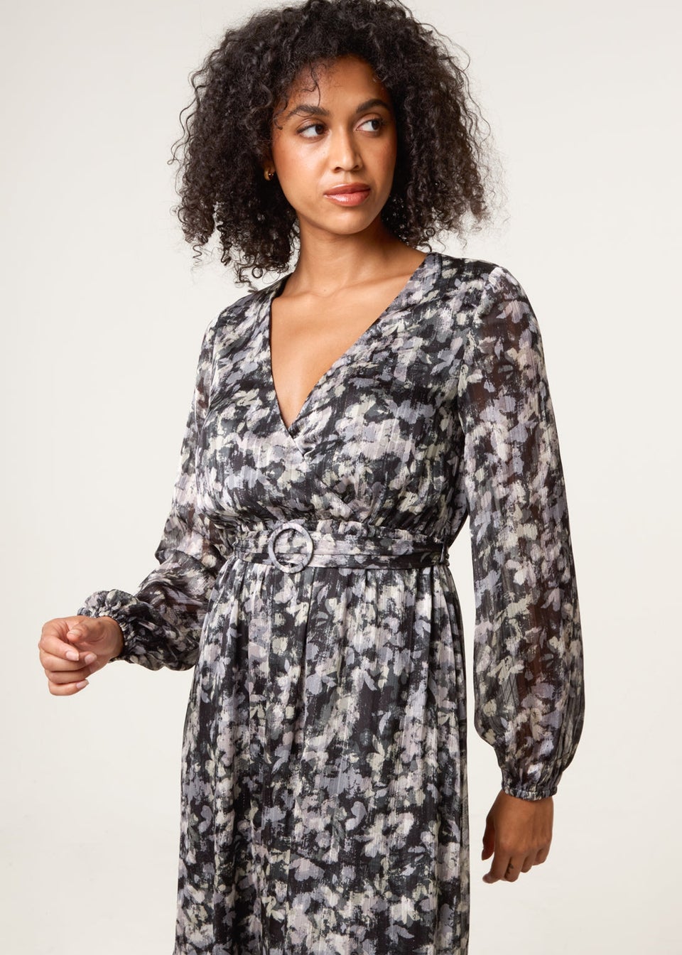 Blue Vanilla Black Printed Lurex Buckle Belted Midi Dress