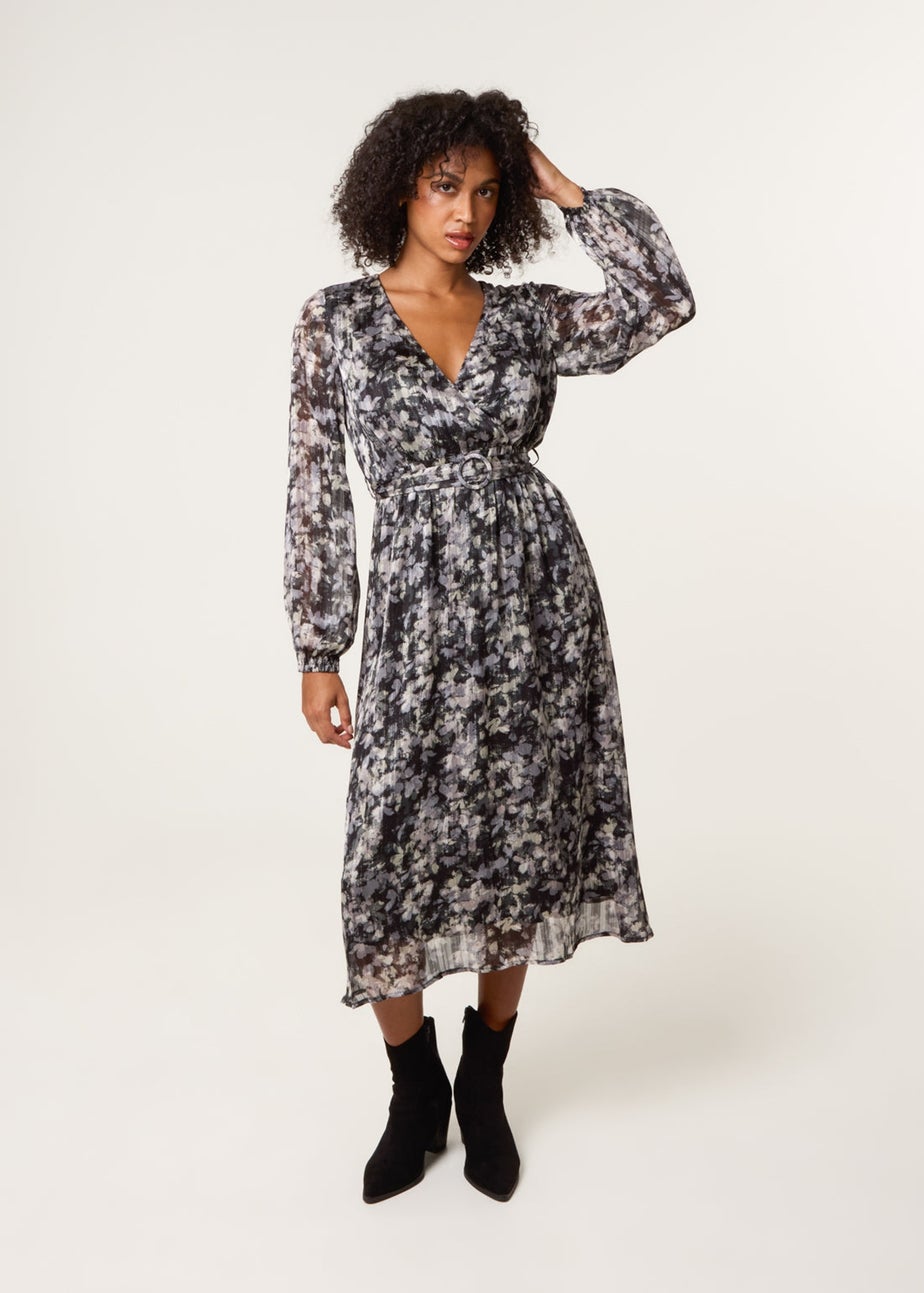 Blue Vanilla Black Printed Lurex Buckle Belted Midi Dress
