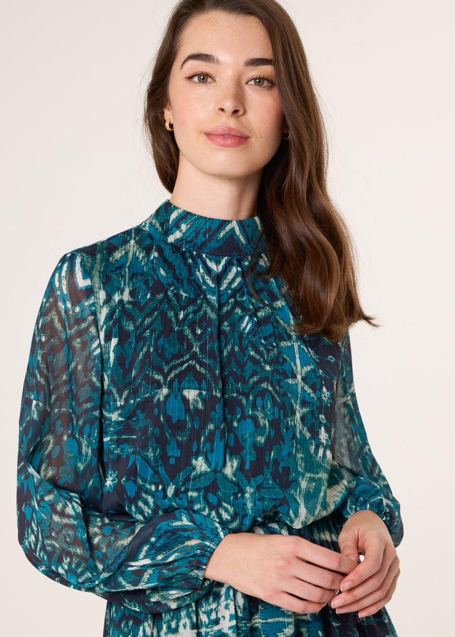 Blue Vanilla Turquoise Watercolour Paisley Puffball High Neck Midi Dress