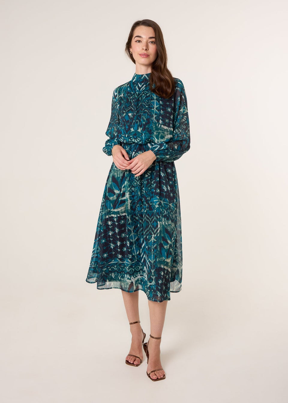 Blue Vanilla Turquoise Watercolour Paisley Puffball High Neck Midi Dress
