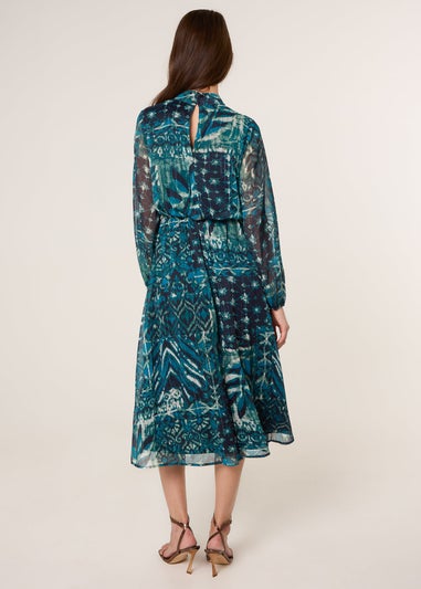 Blue Vanilla Turquoise Watercolour Paisley Puffball High Neck Midi Dress