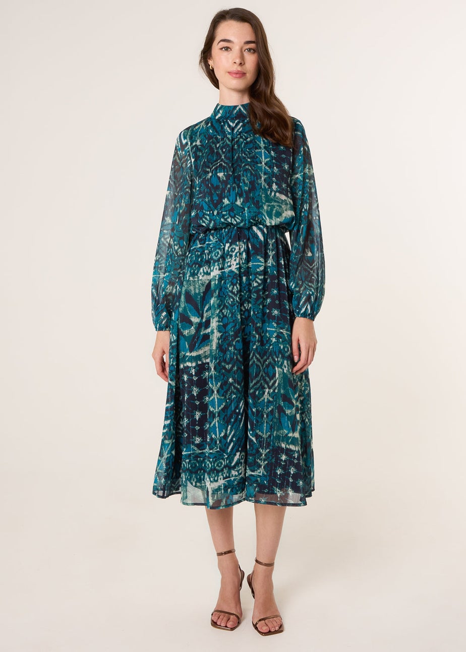 Blue Vanilla Turquoise Watercolour Paisley Puffball High Neck Midi Dress