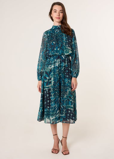 Blue Vanilla Turquoise Watercolour Paisley Puffball High Neck Midi Dress