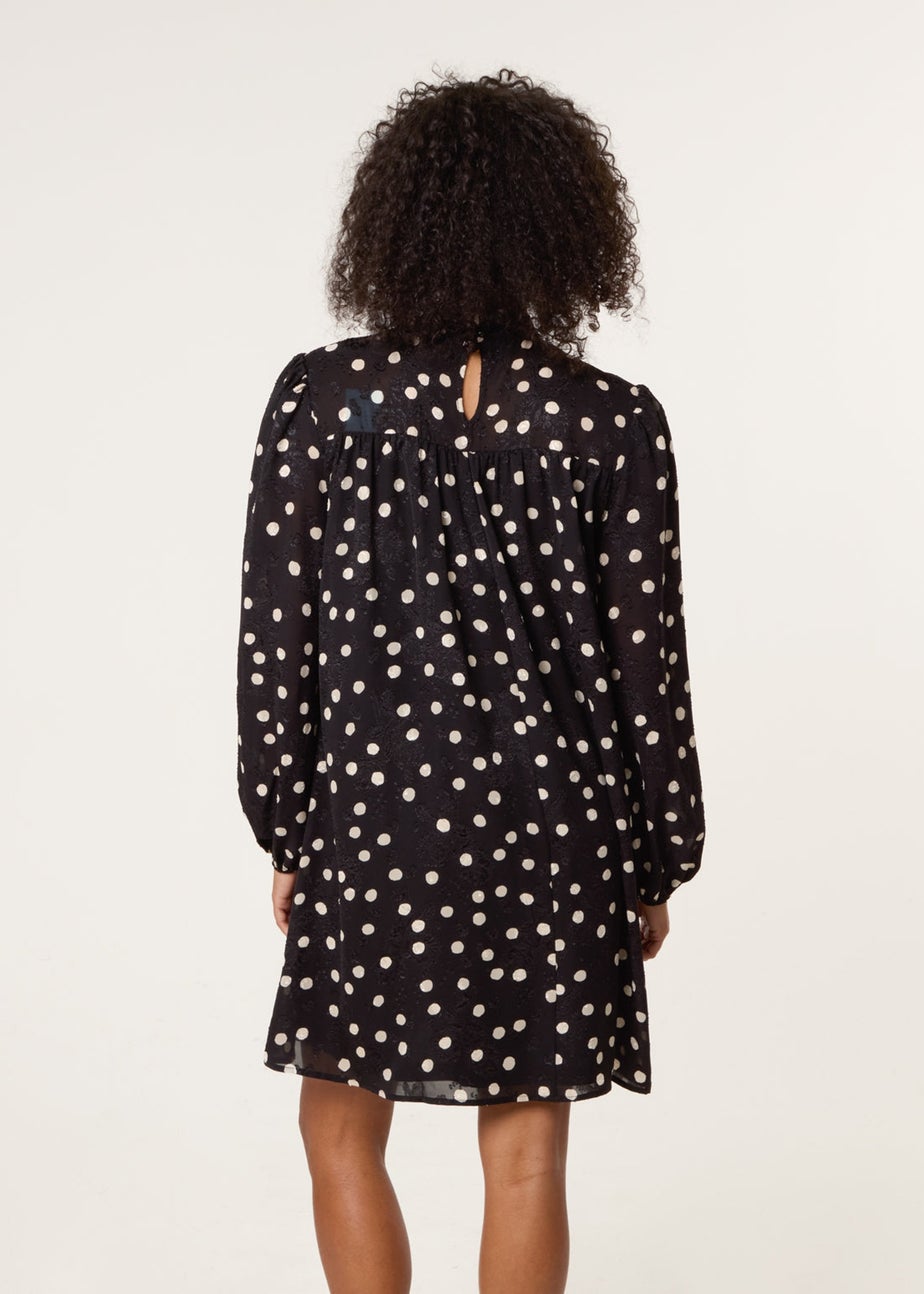 Blue Vanilla Black Polka Dot Tie Neck Smock Dress