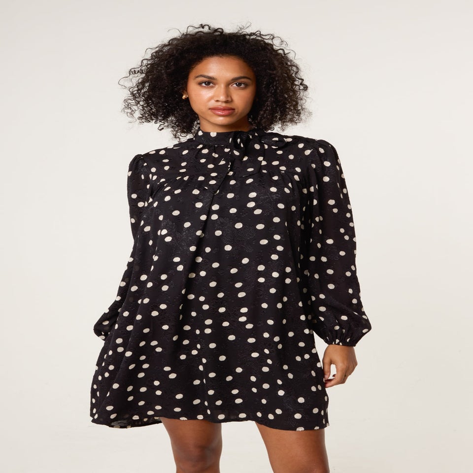 Blue Vanilla Black Polka Dot Tie Neck Smock Dress