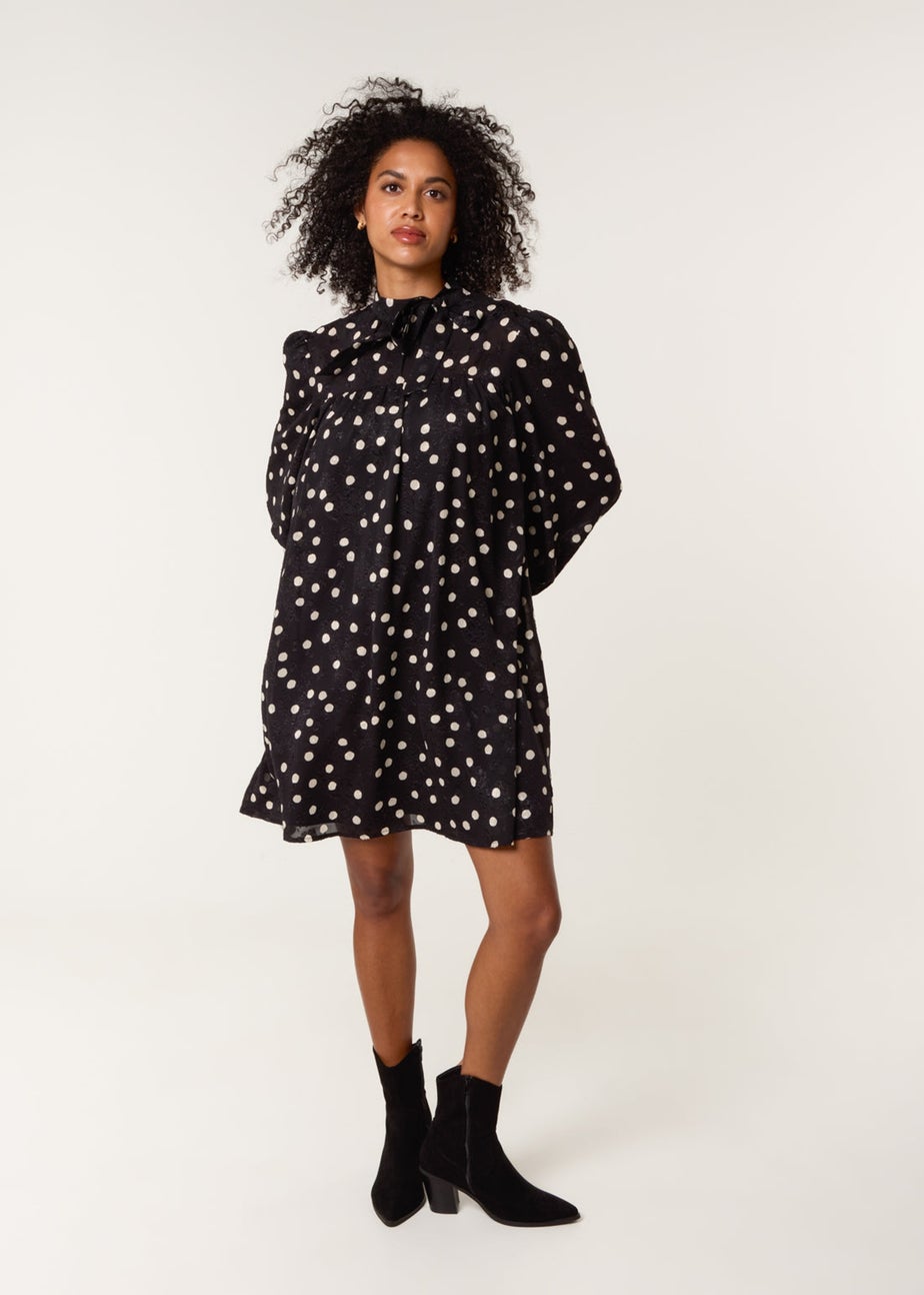 Blue Vanilla Black Polka Dot Tie Neck Smock Dress