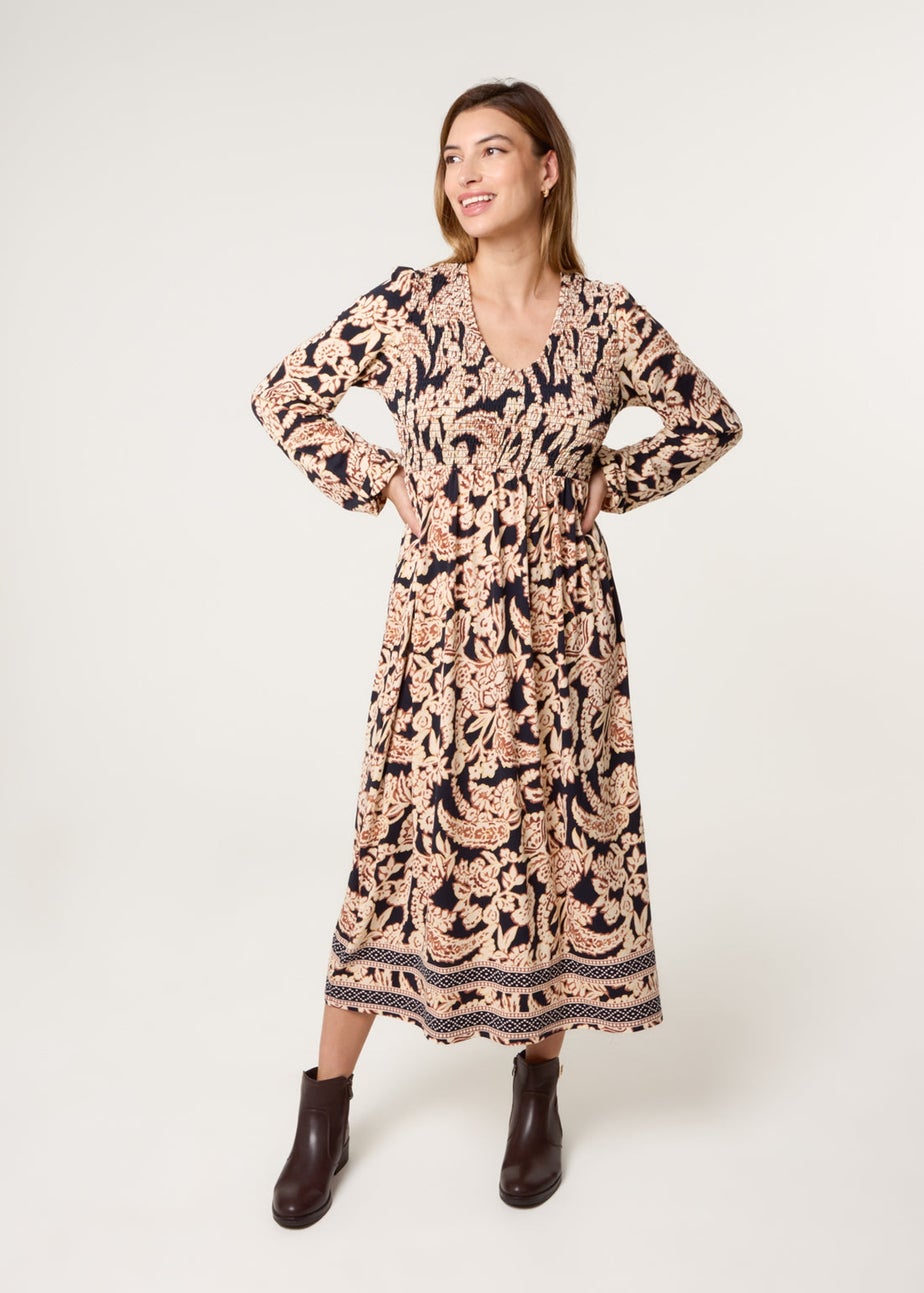 Blue Vanilla Navy V Neck Shirred Border Print Midi Dress