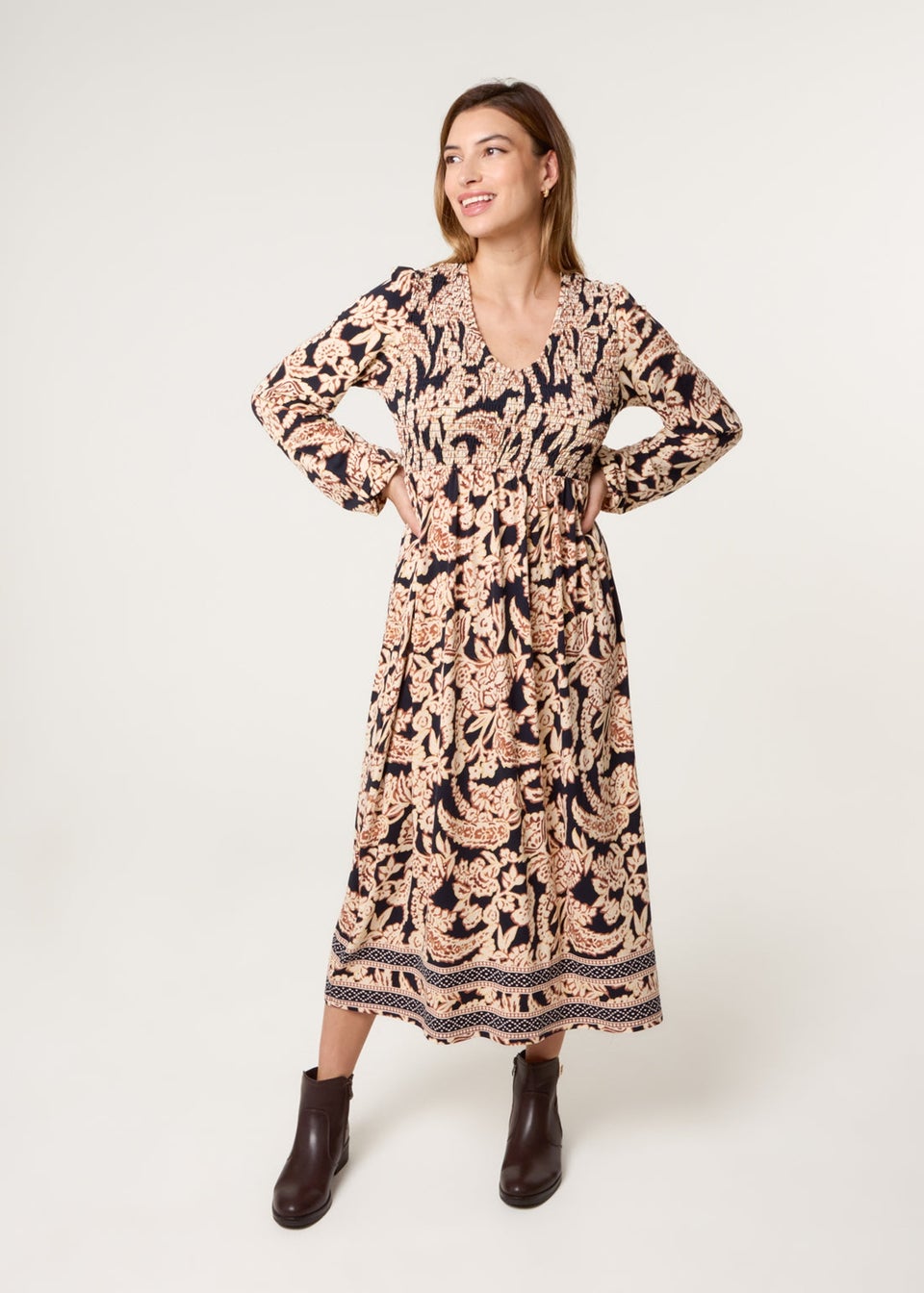 Blue Vanilla Navy V Neck Shirred Border Print Midi Dress