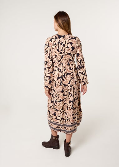 Blue Vanilla Navy V Neck Shirred Border Print Midi Dress