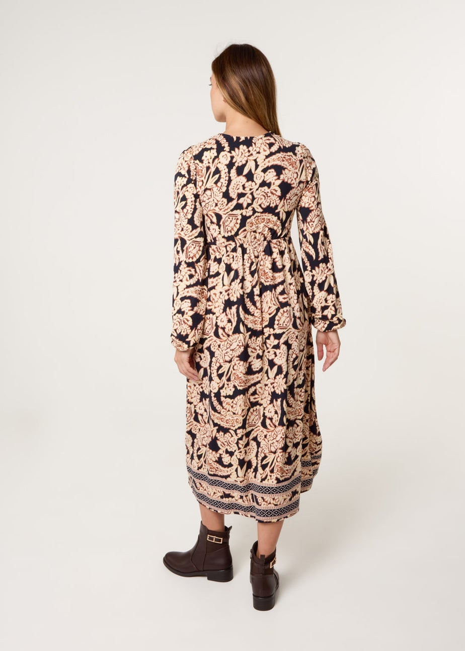 Blue Vanilla Navy V Neck Shirred Border Print Midi Dress