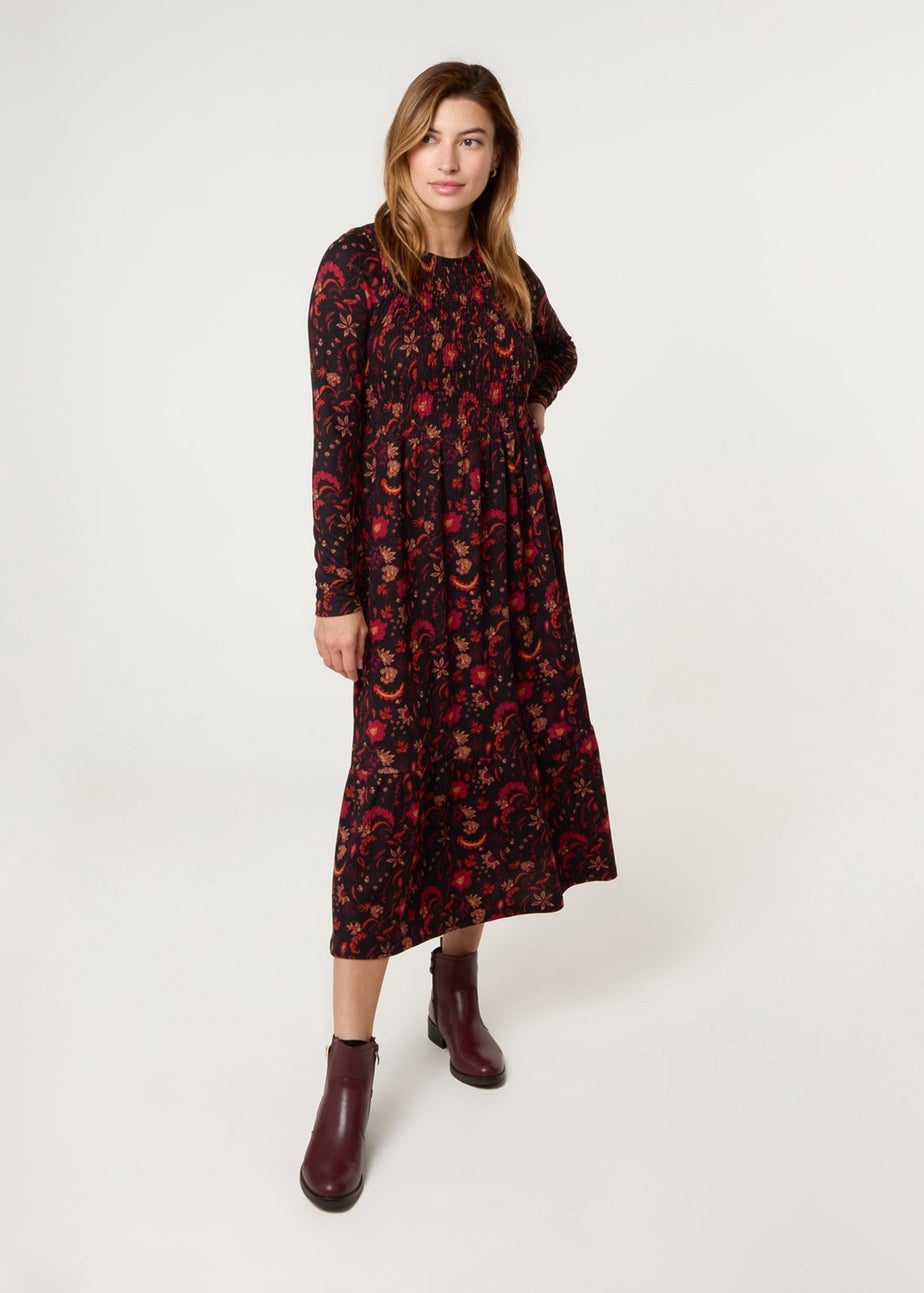 Blue Vanilla Black Frill High Neck Shirred Waist Paisley Dress