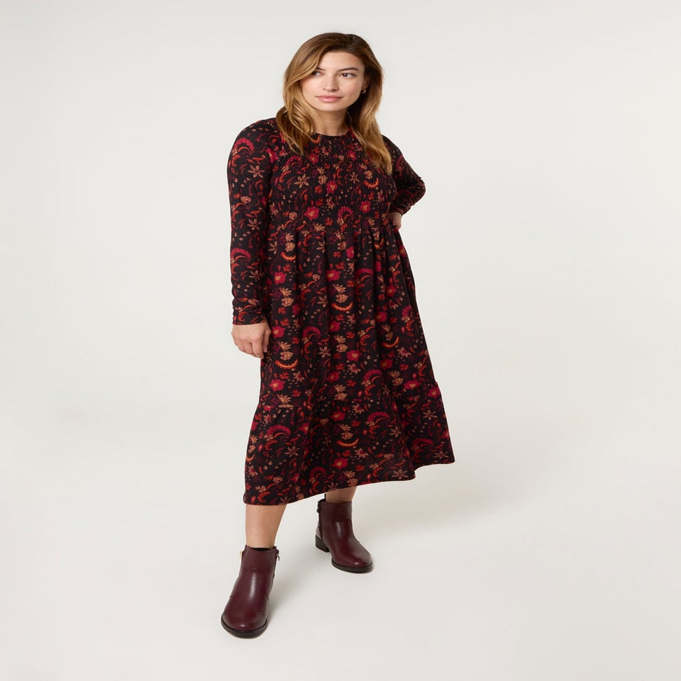 Blue Vanilla Black Frill High Neck Shirred Waist Paisley Dress