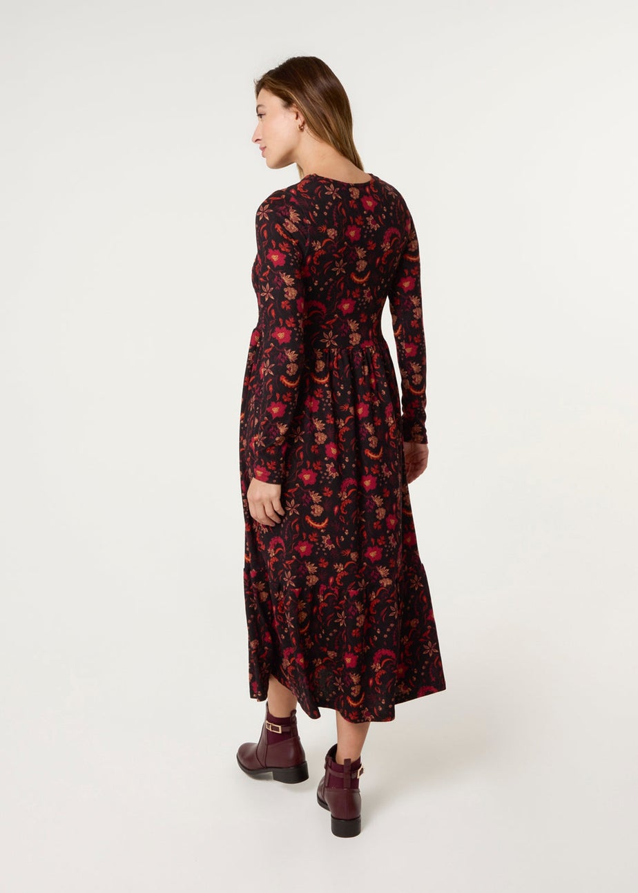 Blue Vanilla Black Frill High Neck Shirred Waist Paisley Dress