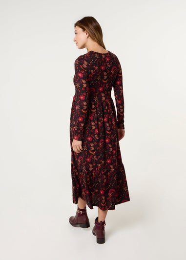 Blue Vanilla Black Frill High Neck Shirred Waist Paisley Dress