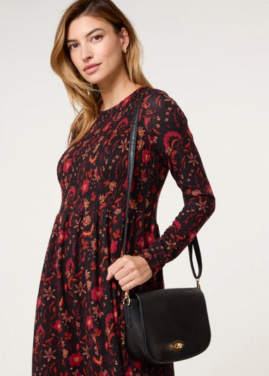 Blue Vanilla Black Frill High Neck Shirred Waist Paisley Dress
