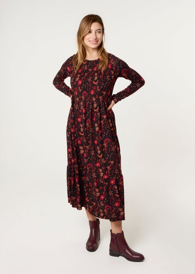 Blue Vanilla Black Frill High Neck Shirred Waist Paisley Dress