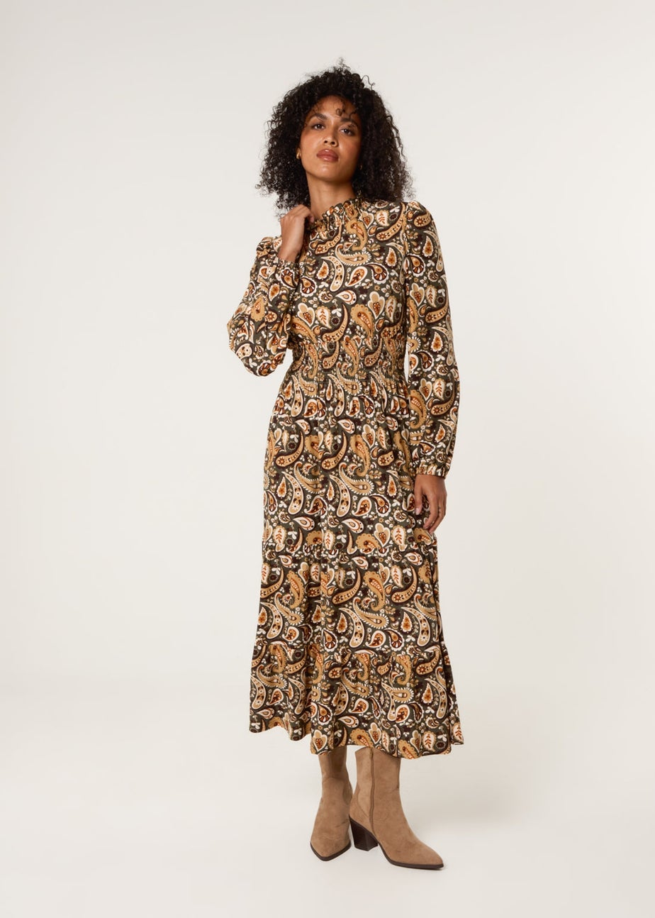 Blue Vanilla Khaki Paisley High Neck Shirred Waist Dress