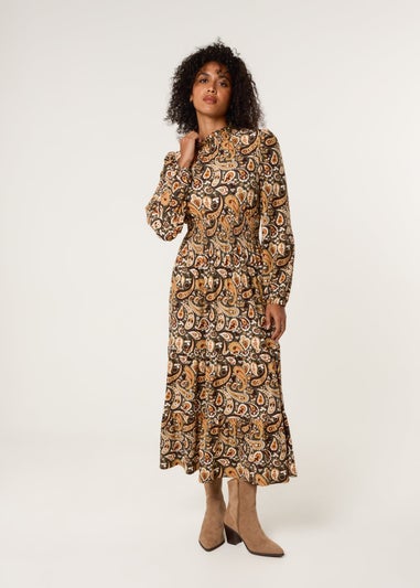 Blue Vanilla Khaki Paisley High Neck Shirred Waist Dress