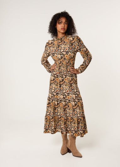 Blue Vanilla Khaki Paisley High Neck Shirred Waist Dress