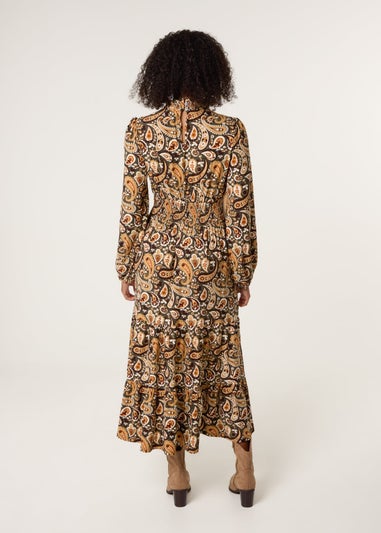 Blue Vanilla Khaki Paisley High Neck Shirred Waist Dress