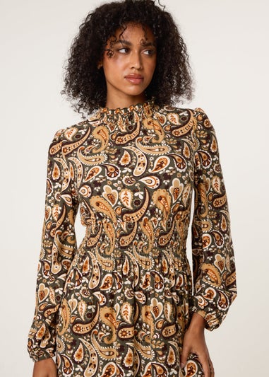 Blue Vanilla Khaki Paisley High Neck Shirred Waist Dress