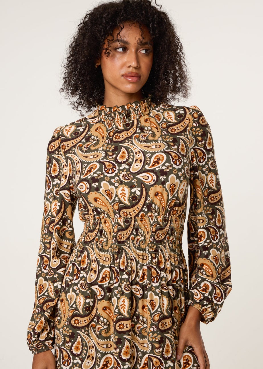 Blue Vanilla Khaki Paisley High Neck Shirred Waist Dress