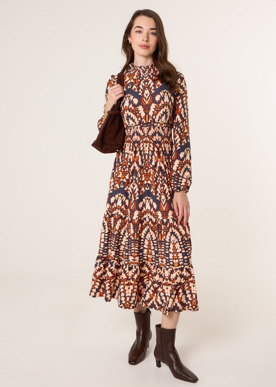 Blue Vanilla Multi Frilled Shirred High Neck Shirred Waist Dress