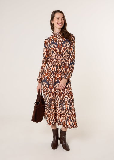 Blue Vanilla Multi Frilled Shirred High Neck Shirred Waist Dress