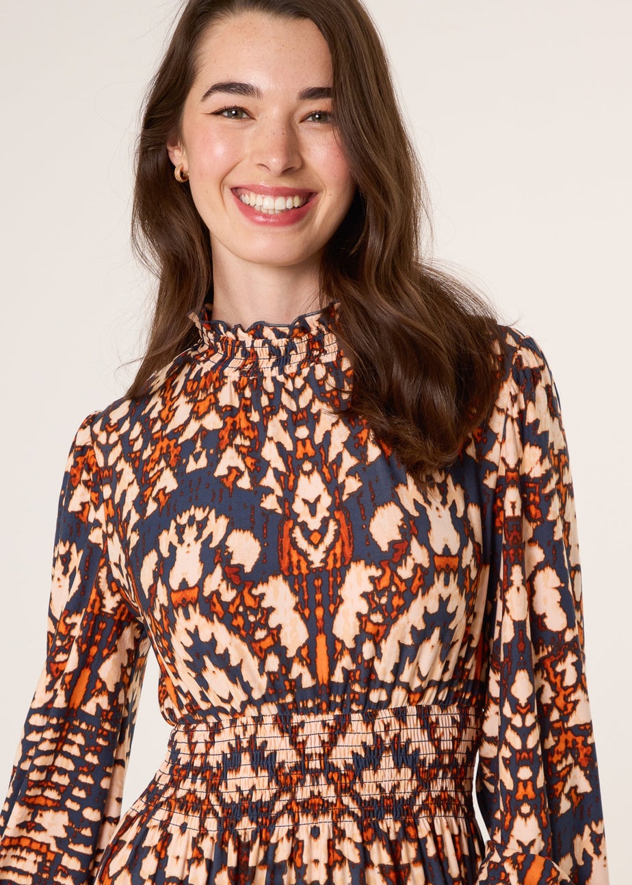 Blue Vanilla Multi Frilled Shirred High Neck Shirred Waist Dress