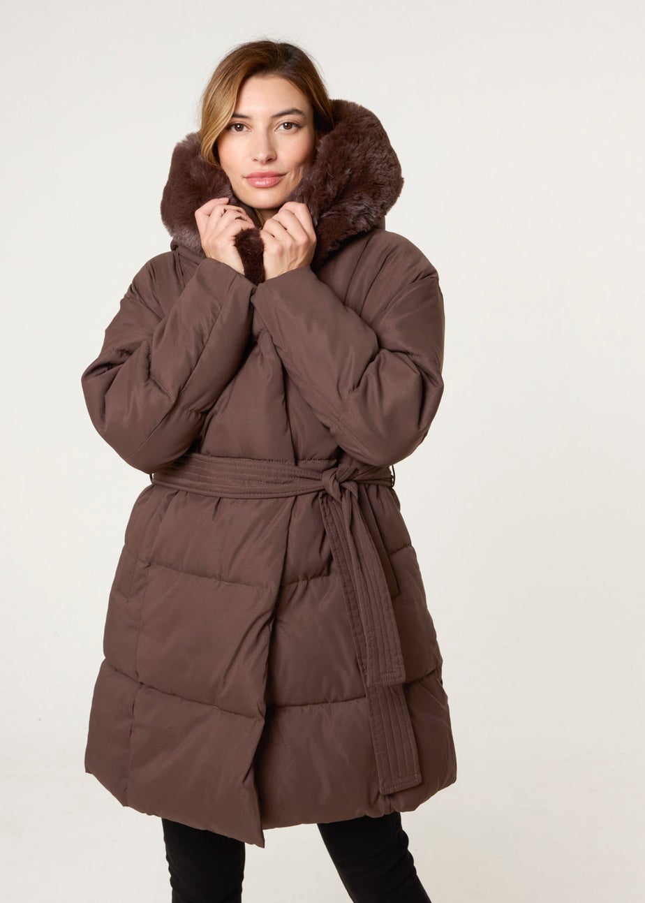 Blue Vanilla Brown Faux Fur Hood Puffer Coat