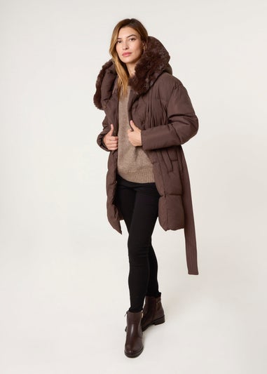 Blue Vanilla Brown Faux Fur Hood Puffer Coat
