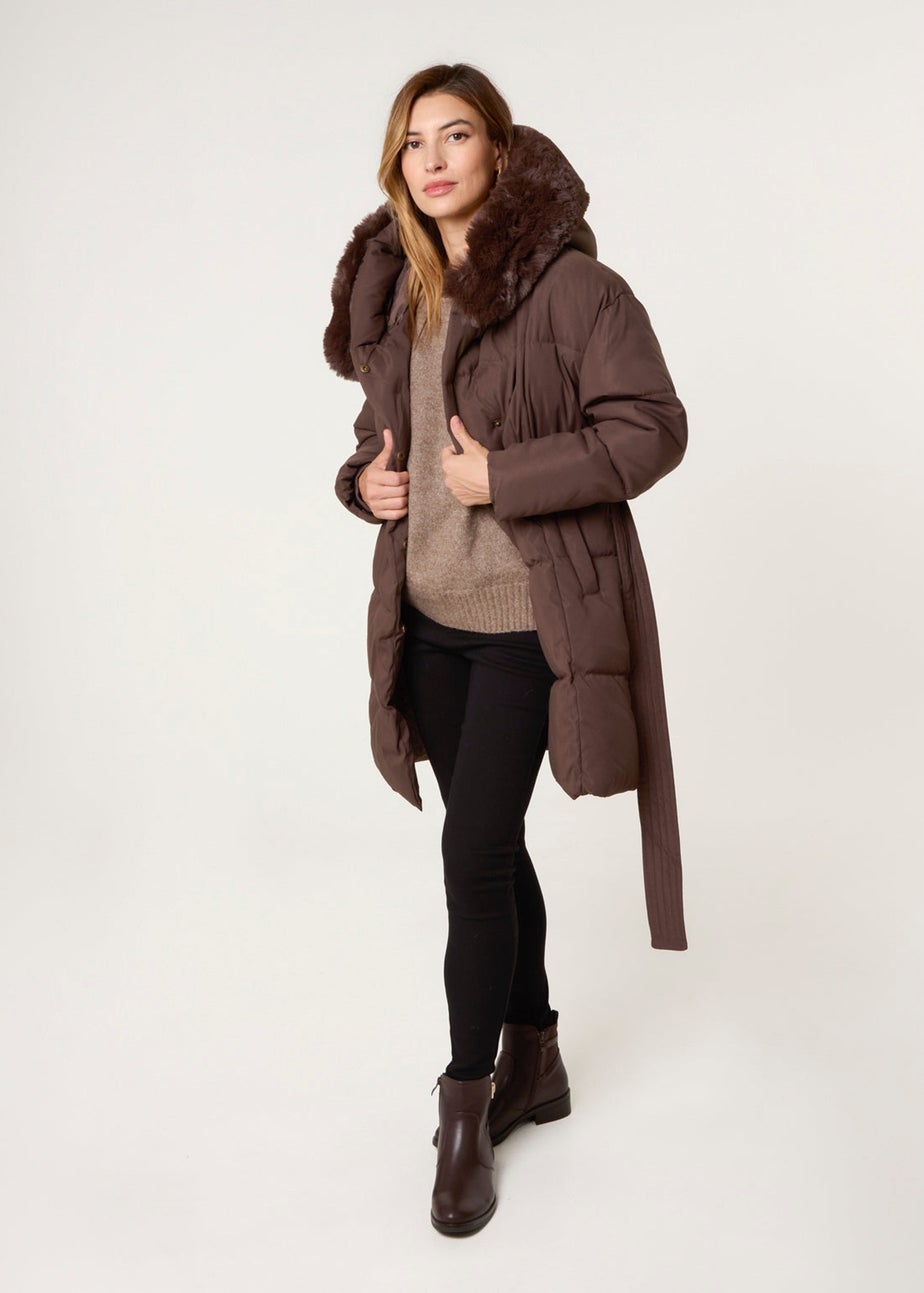 Blue Vanilla Brown Faux Fur Hood Puffer Coat