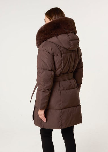 Blue Vanilla Brown Faux Fur Hood Puffer Coat