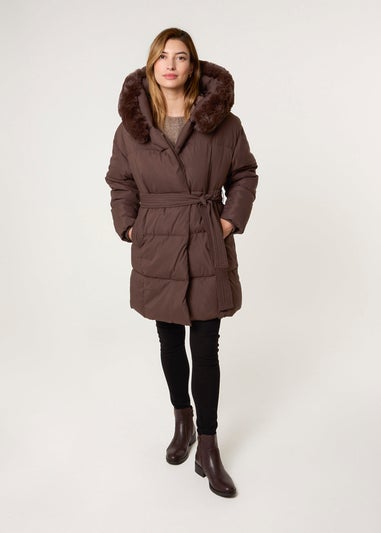 Blue Vanilla Brown Faux Fur Hood Puffer Coat