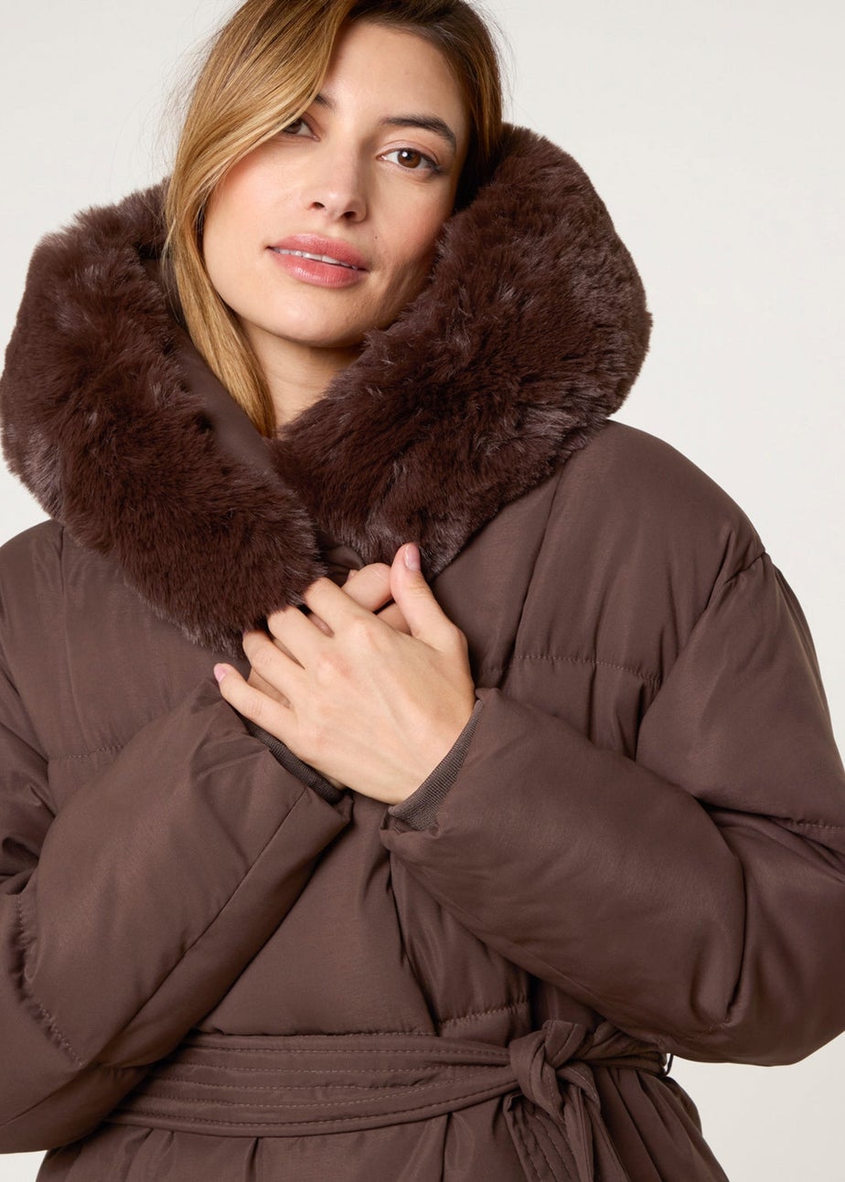 Blue Vanilla Brown Faux Fur Hood Puffer Coat