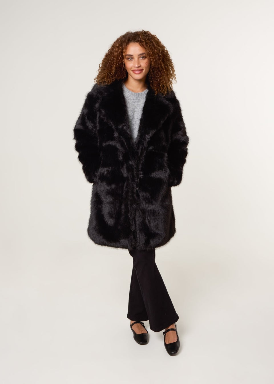 Blue Vanilla Black Faux Fur Long Coat