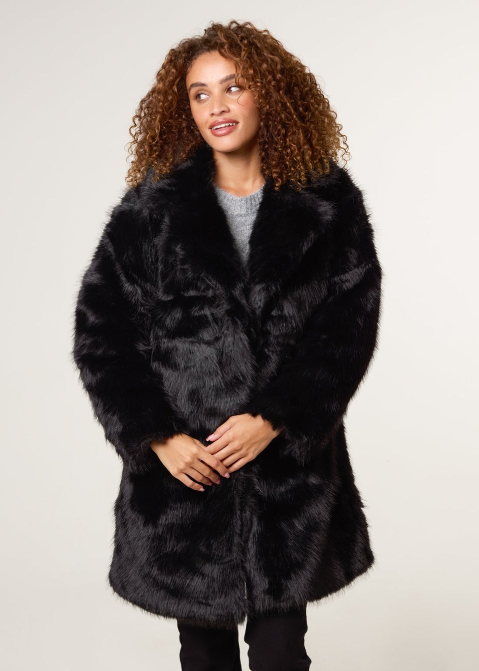 Blue Vanilla Black Faux Fur Long Coat