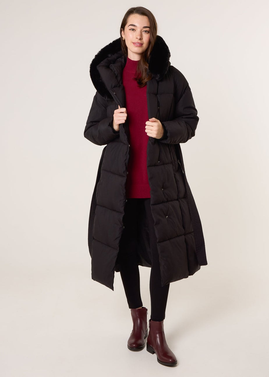Blue Vanilla Black Long Puffer Faux Fur Hooded Coat