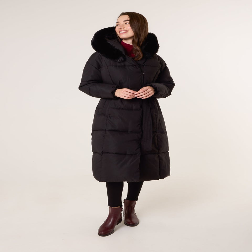 Blue Vanilla Black Long Puffer Faux Fur Hooded Coat