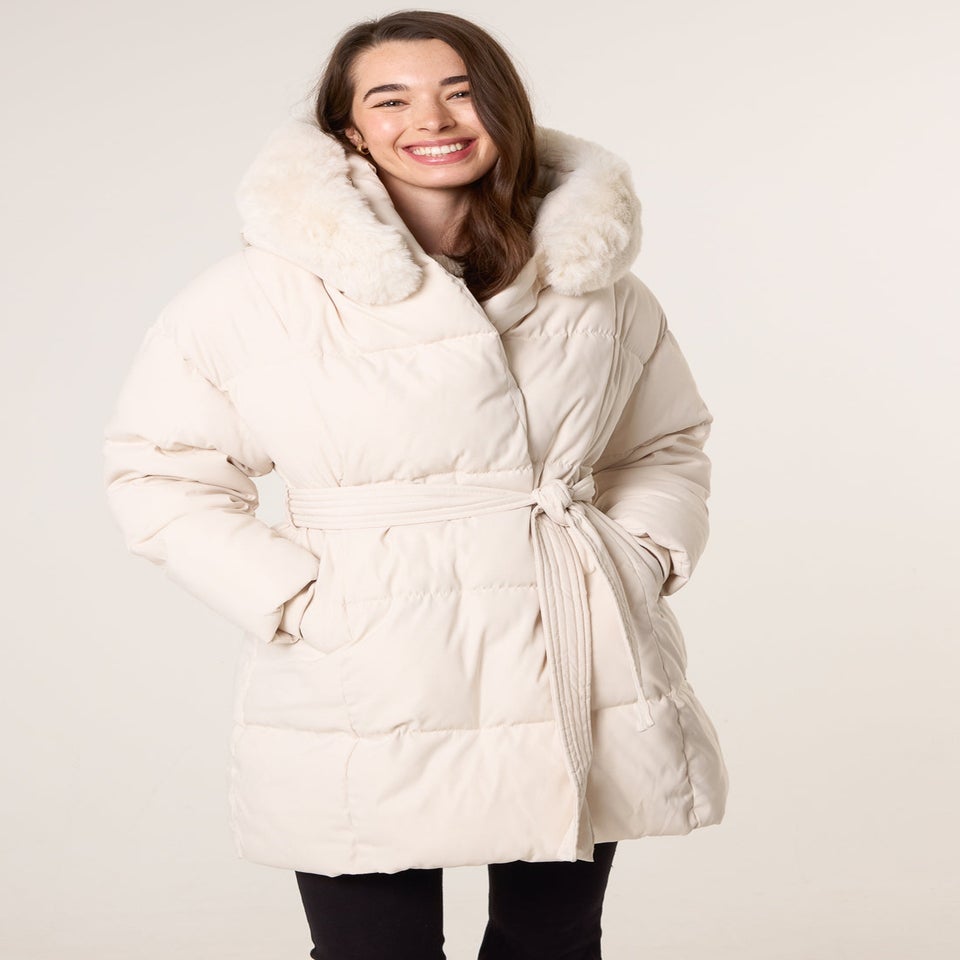 Blue Vanilla Stone Faux Fur Hood Puffer Coat