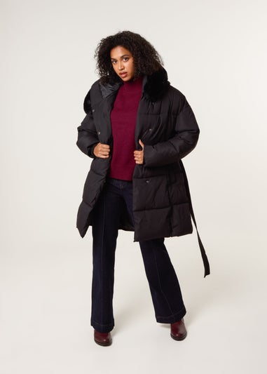Blue Vanilla Black Faux Fur Hood Puffer Coat