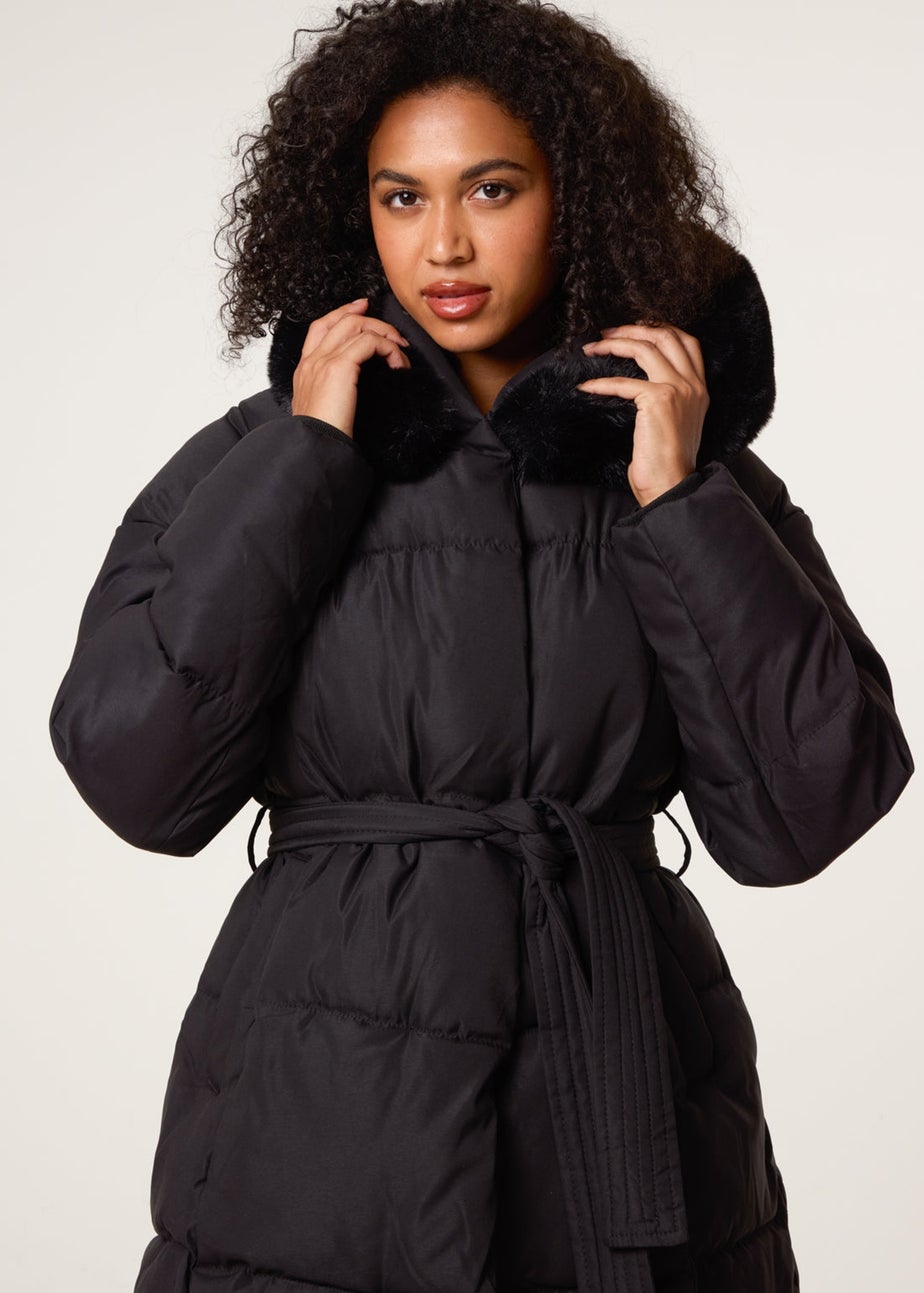 Blue Vanilla Black Faux Fur Hood Puffer Coat