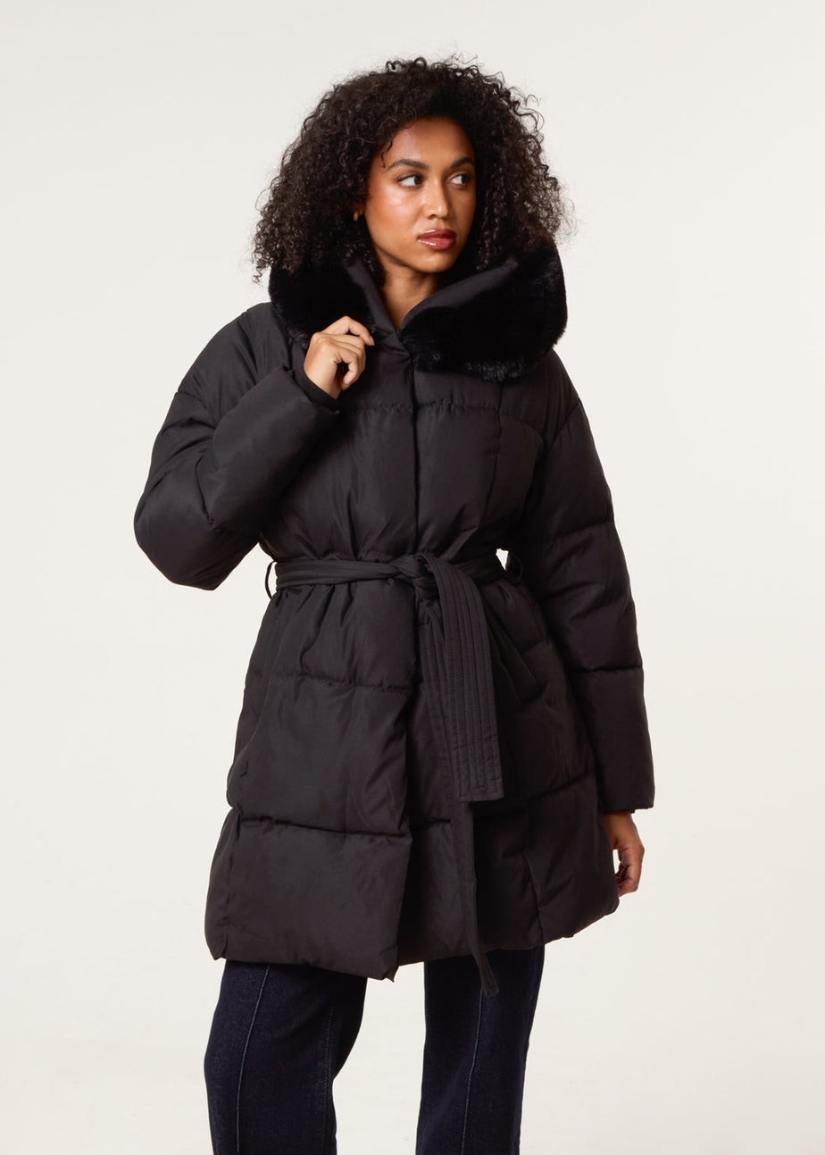 Blue Vanilla Black Faux Fur Hood Puffer Coat