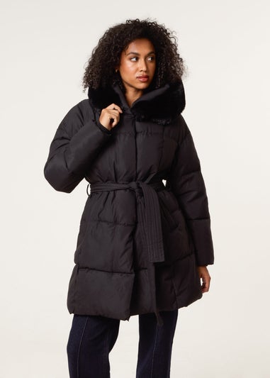 Blue Vanilla Black Faux Fur Hood Puffer Coat