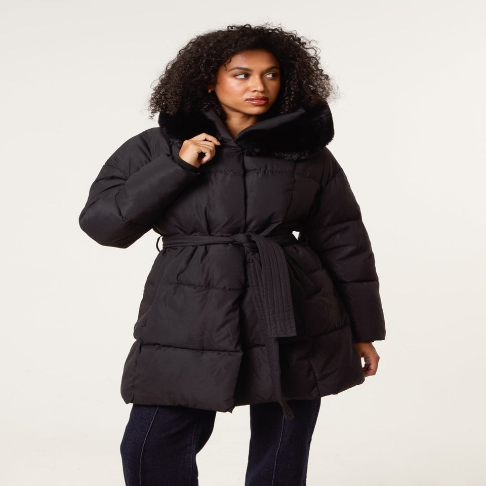 Blue Vanilla Black Faux Fur Hood Puffer Coat