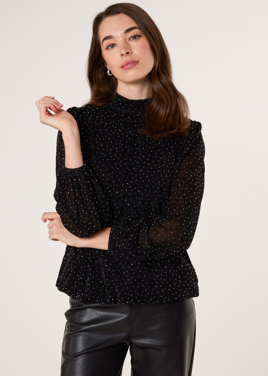 Blue Vanilla Black Rhinestone Shoulder Pad Puffball Blouse