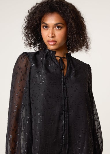 Blue Vanilla Black Jacquard Button And Tie Front Blouse