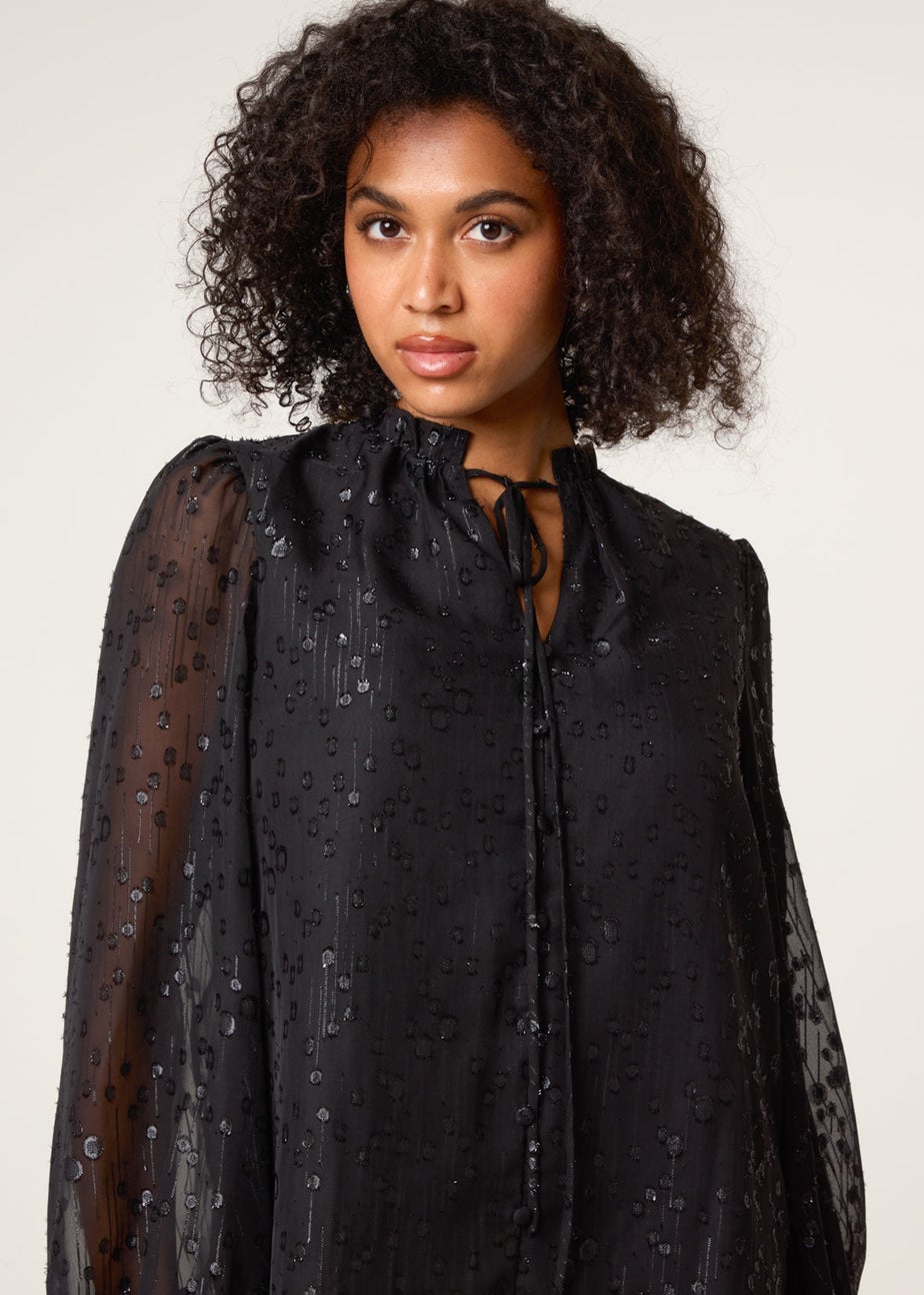 Blue Vanilla Black Jacquard Button And Tie Front Blouse