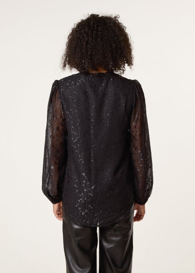 Blue Vanilla Black Jacquard Button And Tie Front Blouse